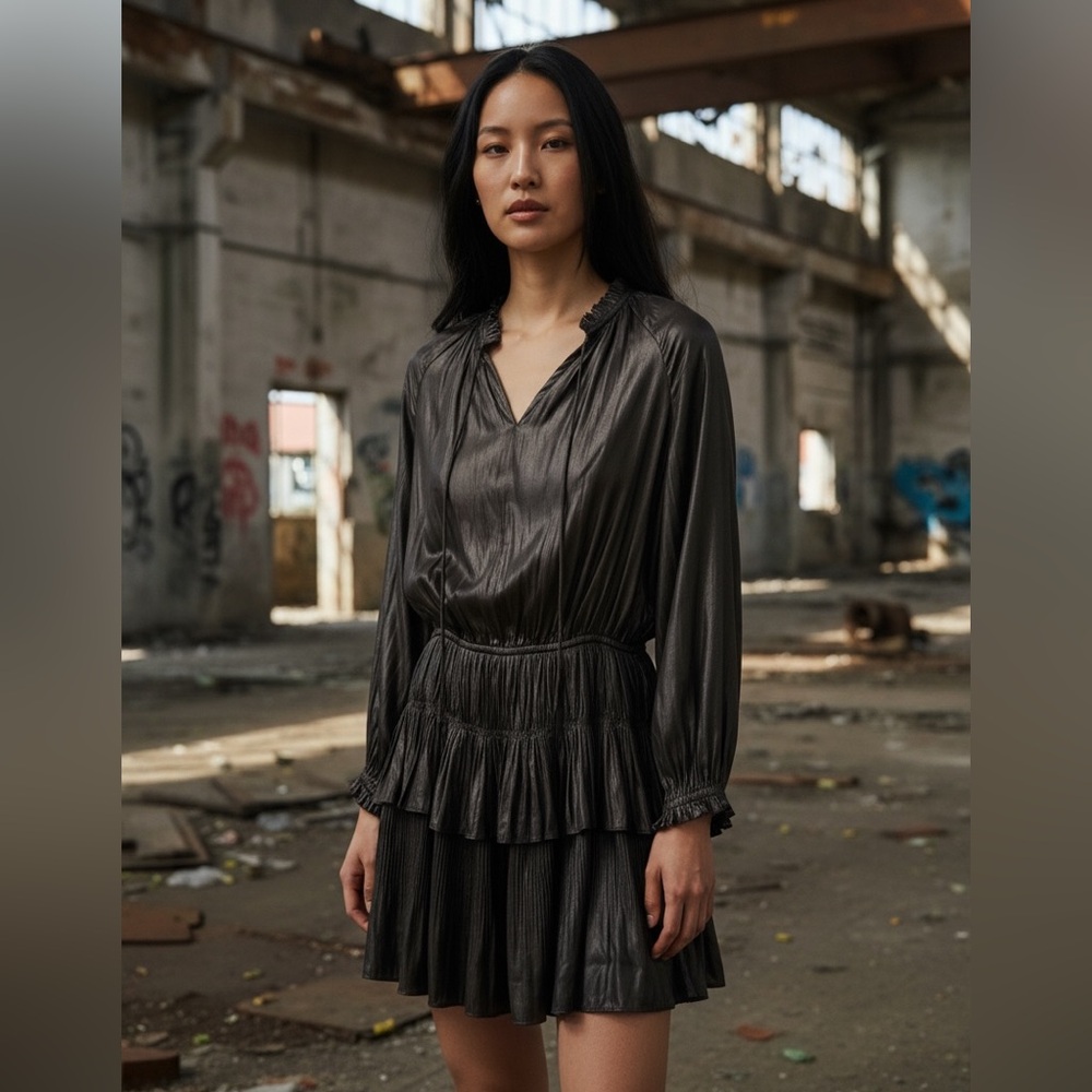 Grey metallic dress.